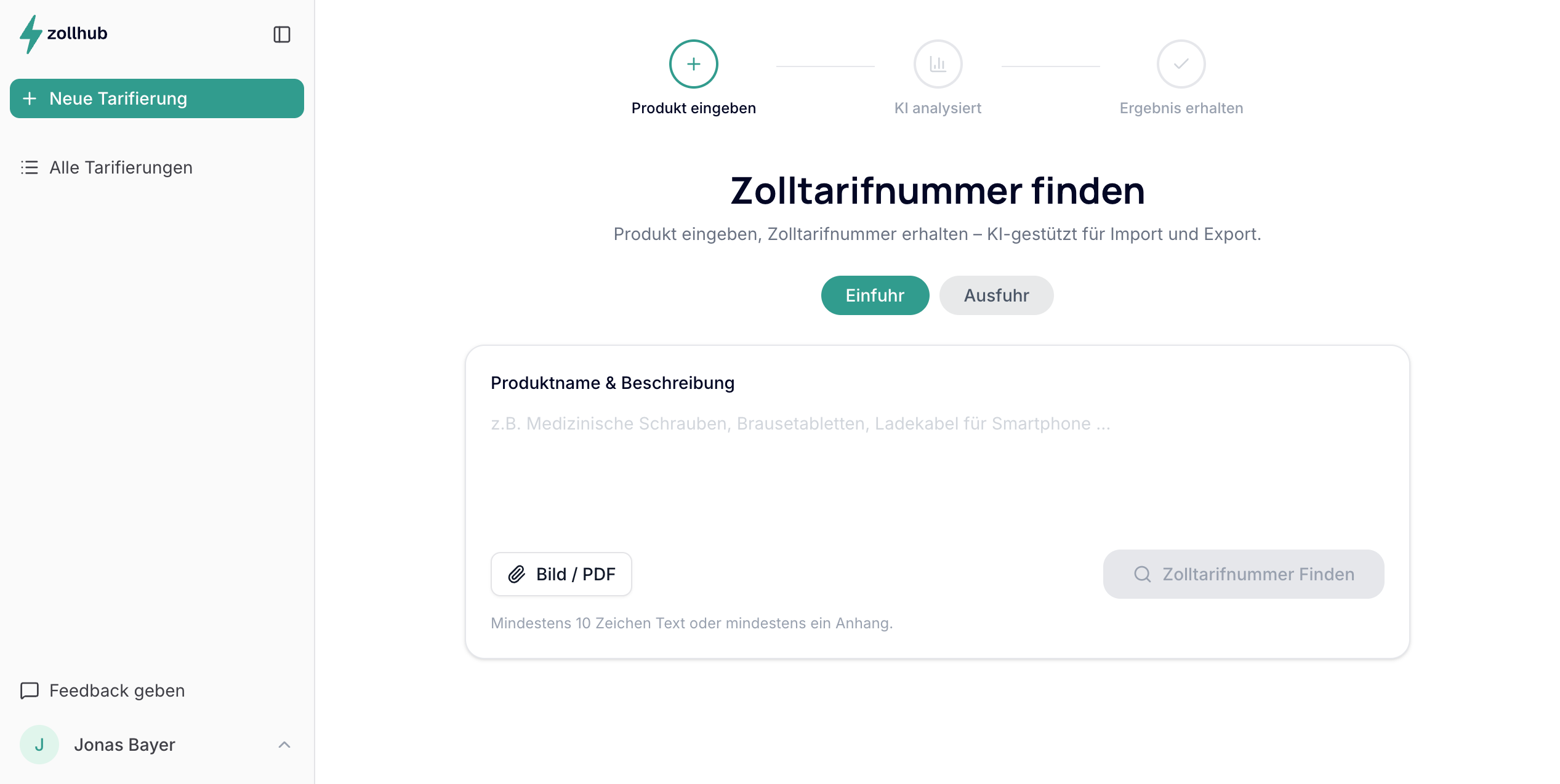 zollhub Eintarifierung — Produktansicht